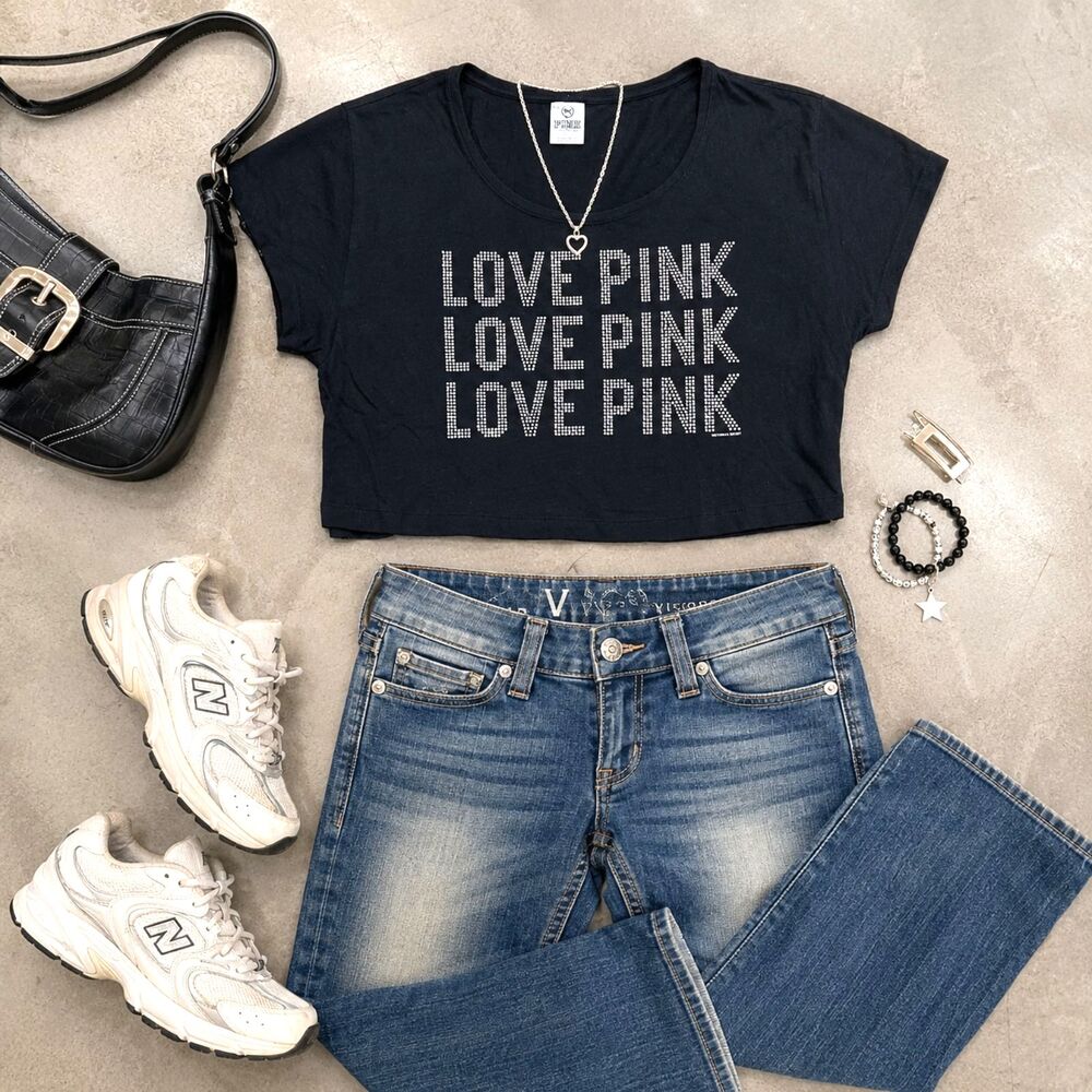 Victoria’s Secret PINK Black Sequin Crop Top Women’s Small Y2K Tee